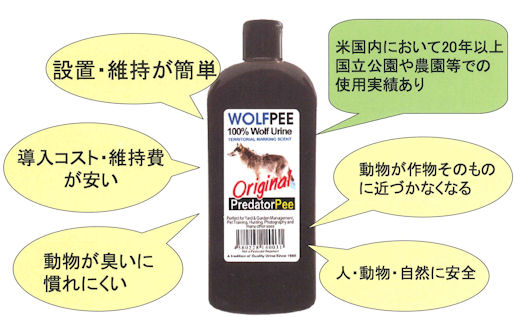 ウルフピーの通信販売｜猿、鹿、猪など獣害対策の新しい切り札！天敵「オオカミ」が動物を寄せ付けない！ウルフピーの通信販売｜シカ、クマ、イノシシ、サルなど、多くの哺乳類の天敵である狼の尿１００％の動物除けです。天敵に対する忌避行動を利用した商品ですので、ニオイに慣れにくいのが特徴です。動物プロテクション・ウルフピーの通信販売｜サル・シカ・イノシシを寄せ付けない！忌避剤・ウルフピー（液体）の通信販売