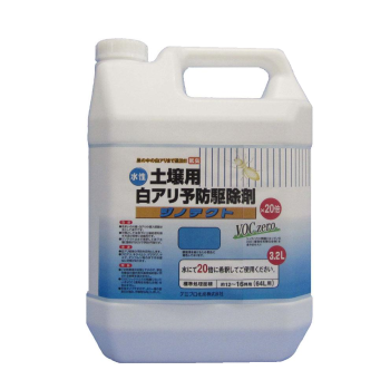 水性・環境対応型の白アリ予防駆除剤！臭いや刺激がほとんどない人、ペット、環境に配慮した低毒性の白アリ予防駆除剤、土壌用ジノテクト：テクノ株式会社、製品名：土壌用ジノテクト、成分：ジノテフラン、内容量：３，２Ｌ、色目：青色、消防法：非危険物、毒劇法：普通物、販売元：ケミプロ化成株式会社、安全性、人に対して非常に安全性の高い有効成分を使用するのはもちろんであり、今シックハウス症候群などで問題になっている有機溶剤を含まず人や環境に配慮した白アリ予防駆除剤です。ホルムアルデヒト、クロルピリホス、キシレン、トルエン等、厚生労働省が室内濃度指針値を設定した１３物質を含有しておりません。建築基準法で使用が規制禁止されている物質を含有しておりません。成分はすべて普通物です。伝播（でんぱ）効果で白アリに効く！白アリの行動を利用し遅効、非忌避性の有効成分が白アリ同士で伝播していく事により微量の有効成分で効果が期待できます。今まで一般の方々では直接処理しにくかった巣にいる白アリの防除に適した薬剤です。住まいの大敵「白アリ」の侵入経路の多くは床下です。対策としては床下土壌への処理、布基礎上の木部への処理を合わせて行うと非常に効果的です。水性・環境対応型の白アリ予防駆除剤！臭いや刺激がほとんどない人、ペット、環境に配慮した低毒性の白アリ予防駆除剤、土壌用ジノテクト：テクノ株式会社