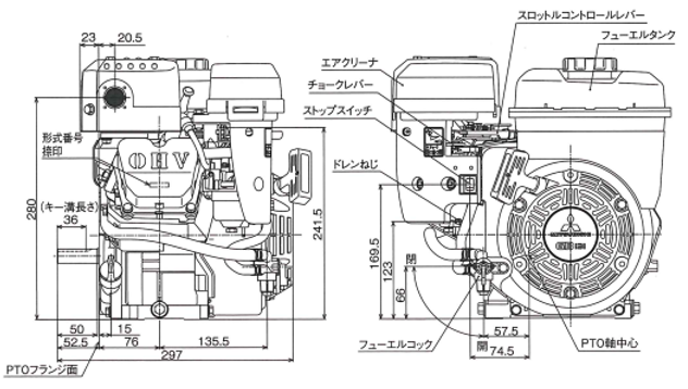 三菱重工！MadeInJapan「日本の心」を込めた「もの作り」三菱メイキエンジンGBシリーズ三菱メイキエンジンGBシリーズの部品販売・パーツリスト・修理・通信販売GB131の通信販売：テクノ株式会社製品名：三菱メイキエンジンGB131総排気量：１２６ｃｃ 最大出力：３，０ｋW（４，２PS） 定格出力：Ｐ形２，３ｋW／３６００rpm（３，１PS／３６００rpm）サイズ：長２９７×幅３５４，５×高３３０，５ｍｍ 燃料タンク容量：２，５Ｌ 乾燥重量：１４，０ｋｇ 出力軸径：φ１８ｍｍ 製造元：三菱重工エンジンシステム株式会社GBシリーズGB101GB131GB181GB221GB290GB300GB400MadeInJapan日本の心を込めたもの作り三菱メイキエンジンは多くの製品を通して安全で豊かな社会・生活の場作りを支えお客様の信頼に応えていきたいと考えています。エンジンの基本性能はもちろんのこと納期、サービスを含めたトータル品質で高品質なエンジンを提供するために日本生産にこだわり続けたいと考えています。歴史と実績を持つ三菱から実力派GBシリーズの小型機種を刷新。確かな性能でさらに使いやすくお客様のニーズにジャストフィットします。NEWGBシリーズ(一社)日本陸用内燃機関協会排ガス自主規制適合エンジン三菱メイキエンジンは日本陸用内燃機関協会の３次規制に対応(排気量225cc以上は2015年、225cc未満は2016年から)排気に含まれる有害物質、炭化水素(HC)窒素酸化物(NOx)一酸化炭素(CO)の排出を低減しました。基本性能と信頼性をさらに追及、多くのお客様から好評を頂いておりますGBエンジンをリニューアル。より使いやすくなりました。GB101GB130GB180GB220環境規制対応、新GBエンジンシリーズは高い品質管理の下加工された主要部品と高精度気化器部品の採用による燃焼状態の最適化、点火タイミング等の変更と相まって燃焼効率を改善した結果、2016年から施工開始となる国内排ガス自主規制３次(排気量225cc未満)に対応しております。信頼性、主要な部品はMadeInJapan。高精度気化器の採用による燃料流量管理の徹底とともに国内自社工場での最終組立で品質を保証します。また気化器燃料入口直前に燃料フィルタを追加することで異物の侵入防止を図りゴミ等によるトラブルを大幅に低減します。低振動、フライホイール慣性質量の見直し、クランク軸のオーバーバランス率の最適化を図り、エンジン振動をさらに抑えました。低騒音、高剛性ブロックの採用、冷却ファン形状見直しによる風切り音の最小化等、機械音は従来のGBエンジンの低減技術を踏襲しています。気化器（キャブレタ）異物侵入対策としてフィルタを追加。ミラクルスタートでなめらか始動。ご好評のミラクルスタートもオプション設定(GB101GB131GB181GB221)始動用スプリングがエンジン圧縮時のゴツゴツ感を解消。軽くなめらかにリコイルスターターを引くことができます。いままでのように勢いよくリコイルスターターを引く必要はありません。ゼンマイを巻く要領でリコイルスターターをゆっくり引けば始動用スプリングがエンジンを簡単に始動してくれます。ミラクルスタートはリコイルスターター引き力が当社従来機より約30%軽くなります。また従来機の約半分のリコイル引き速度でリコイルロープを引いても始動に十分なエンジン回転数が得られます。そのためリコイルロープをゆっくり引いてもエンジンが容易に始動できます。GB101 GB131 GB181型式 空冷4ストローク傾斜形横軸OHVガソリンエンジン シリンダ－内径×行程　mm 1-56×40 1-62×42 1-68×50 総排気量　?（cc） 98(98) 126(126) 181(181) 連続定格出力　kW/rpm（PS/rpm） 1,6/3600(2,2/3600) 2,3/3600(3,1/3600) 3,4/3600(4,7/3600) 最大出力　kW（PS） 2,2(3,0) 3,0(4,2) 4,6(6,3) 最大トルク P形N･m/rpm(kgf･m/rpm) L形N･m/rpm(kgf･m/rpm)  5,35(0,55)/3000 7,65(0,78)/2800 11,6(1,18)/2800 10,7(1,09)/1500 15,3(1,56)/1400 23,1(2,36)/1400 回転方向 左(出力軸より見て) 点火方式 無接点マグネット点火 点火プラグ NGK　BP6HS 気化器 フロート、蝶弁、横向き吸込み方式 潤滑方式 強制飛沫式 使用潤滑油 エンジンオイルSE級以上　SAE♯30、寒冷時SAE♯20 潤滑油量　d?(L) 0,4(0,4) 0,5(0,5) 0,55(0,55) エアクリーナー 半湿式ポリウレタンフォーム 調速方式 遠心重錘式 減速方式 P形：直結式　L形：1/2カム軸減速式 使用燃料 自動車用無縁ガソリン 燃料タンク容量　d?(L) 1,6(1,6) 2,5(2,5) 3,6(3,6) 始動方式 リコイルスタータ式(セルスタータ方式：オプション) 乾燥質量　kg 11,0※ 14,0 16,0 機関寸法　mm 長278,5×幅316,5×高303 長297×幅354,5×高330,5 長308,5×幅366,55×高354出力軸径　mm φ15 φ18 φ20  GB221 GB290 GB300 型式 空冷4ストローク傾斜形横軸OHVガソリンエンジン シリンダ－内径×行程　mm 1-72×53 1-80×59 1-80×59 総排気量　?（cc） 215(215) 296(296) 296(296) 連続定格出力　kW/rpm（PS/rpm） 3,7/3600(5,0/3600) 4,4/3600(6,0/3600) 5,5/3600(7,5/3600) 最大出力　kW（PS） 5,1(7,0) 5,8(8,0) 7,3(10,0) 最大トルク P形N･m/rpm(kgf･m/rpm) L形N･m/rpm(kgf･m/rpm)  13,7(1,40)/2800 17,6(1,80)/2800 19,3(1,97)/2800 27,5(2,80)/1400 35,3(3,60)/1400 38,6(3,94)/1400 回転方向 左(出力軸より見て) 点火方式 無接点マグネット点火 点火プラグ NGK　BP6HS 気化器 フロート、蝶弁、横向き吸込み方式 潤滑方式 強制飛沫式 使用潤滑油 エンジンオイルSE級以上　SAE♯30、寒冷時SAE♯20 潤滑油量　d?(L) 0,55(0,55) 1,0(1,0) 1,0(1,0) エアクリーナー 半湿式ポリウレタンフォーム 調速方式 遠心重錘式 減速方式 P形：直結式　L形：1/2カム軸減速式 使用燃料 自動車用無縁ガソリン 燃料タンク容量　d?(L) 3,6(3,6) 6,0(6,0) 6,0(6,0) 始動方式 リコイルスタータ式(セルスタータ方式：オプション) 乾燥質量　kg 17,5 28,4 29,0 機関寸法　mm 長326×幅366,5×高354 長372,5×幅438×高431 長372,5×幅438×高431 出力軸径　mm φ20φ25φ25 GB400型式 空冷4ストローク傾斜形横軸OHVガソリンエンジン シリンダ－内径×行程　mm 1-89×63 総排気量　?（cc） 391(391) 連続定格出力　kW/rpm（PS/rpm） 6,6/3600(9,0/3600) 最大出力　kW（PS） 9,5(13,0) 最大トルク P形N･m/rpm(kgf･m/rpm) L形N･m/rpm(kgf･m/rpm)  26,4(2,70)/2800 52,9(5,40)/1400 回転方向 左(出力軸より見て) 点火方式 無接点マグネット点火 点火プラグ NGK　BP6HS 気化器 フロート、蝶弁、横向き吸込み方式 潤滑方式 強制飛沫式 使用潤滑油 エンジンオイルSE級以上　SAE♯30、寒冷時SAE♯20 潤滑油量　d?(L) 1,0(1,0) エアクリーナー 半湿式ポリウレタンフォーム 調速方式 遠心重錘式 減速方式 P形：直結式　L形：1/2カム軸減速式 使用燃料 自動車用無縁ガソリン 燃料タンク容量　d?(L) 7,0(7,0) 始動方式 リコイルスタータ式(セルスタータ方式：オプション) 乾燥質量kg P形：32,0 L形：36,0 機関寸法　mm P形：長400×幅477×高465 L形：長453,5×幅477×高465 出力軸径mmφ25三菱重工！MadeInJapan「日本の心」を込めた「もの作り」三菱メイキエンジンGBシリーズ三菱メイキエンジンGBシリーズの部品販売・パーツリスト・修理・通信販売GB131の通信販売：テクノ株式会社