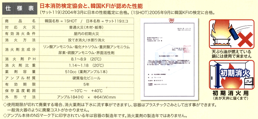 災害用品・消火器具｜人と環境にやさしい消火器具！投げるだけで消火！１ＳＨＯＴ（日本名称：サット１１９エコ・ＳＡＴ１１９エコ）｜日本消防検定協会と、韓国ＫＦＩが認めた性能！【サット１１９】２００４年３月に日本の性能検定に合格【１ＳＨＯＴ】２００５年９月に韓国ＫＦＩの検定に合格。｜