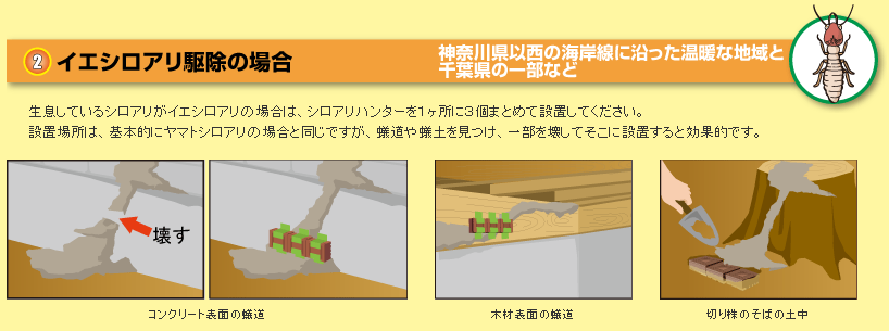 ＤＩＹ自分で出来るシロアリ駆除、キクイムシ駆除・シロアリ退治、キクイムシ退治【シロアリ、キクイムシ駆除・シロアリ、キクイムシ退治に使用する薬剤、エアゾール、ベイト剤などのご紹介！！！】ここではベイト剤のシロアリハンターを紹介致します。ベイト剤はシロアリの生態・習性を利用し、シロアリのコロニー（巣）ごと壊滅します。上記の薬剤散布と違い必要最低限の薬剤しか使わないのでより安全にシロアリを駆除する事が可能です。使い方も簡単で土の掘って埋めたり、養生テープでなどで固定するだけなので、家庭で簡単に使用出来ます。•シロアリハンターを設置してから１～２か月後に、シロアリハンターの下にシロアリが集まっているかどうか確認してください。シロアリがいたら駆除中です。•多数のシロアリが見られたら、静かにフタを開けて、もし中身が不足しそうであればシロアリハンターを隣接して追加設置してください。•中を確認したものは静かにフタを閉め、元の位置に戻します。※特にヤマトシロアリは神経質ですから、せっかく多数食い付いたものでも、あまり刺激を与えると逃亡してしまいます。•食い付き後の観察は月１回程度としてください。•半年以上シロアリが確認できない場合は、設置場所を変更してください。（但し、秋に設置したものは、翌年の６月位まで様子を見てください。）•シロアリハンターに、生きているシロアリが確認できなくなれば、駆除完了です。•敷地内に複数のコロニーが生息することもあります。その場合には、異なる時期、異なる場所でシロアリハンターに食い付きが見られます。１ヵ所で駆除が終わっても、他の場所に設置したものは回収せずに長期間設置し続けてください。シロアハンターの使い方・ヤマトシロアリ駆除の場合・イエシロアリ駆除の場合・予防のために使用する場合・ヤマトシロアリもイエシロアリも設置場所は同じです。予防のためには次の場所か、その近くに埋めるのが良いでしょう。