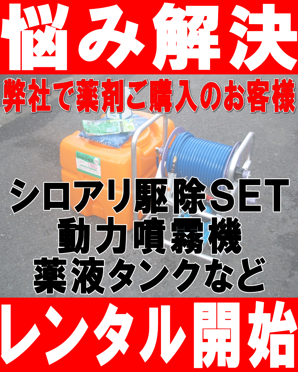 悩み解決｜弊社で薬剤ご購入のお客様｜シロアリ駆除ＳＥＴ｜動力噴霧機｜薬液タンクなど｜レンタル開始｜動力噴霧機のレンタル・貸し出し！ＤＩＹ自分で出来るシロアリ駆除！シロアリ駆除の方法から必要な機材をすべてセットにしました！動力噴霧機レンタル、ＤＩＹ自分で出来るシロアリ駆除：廊下や部屋などを歩くと床がきしむ、沈むなどありませんか？他には羽アリが出たなどありませんか？シロアリ被害はシロアリの発生を確認してからでは、すでに家屋の木材が加害されております。早い対応が自分の家を守ります！ＤＩＹ自分で出来るシロアリ駆除の方法：廊下や部屋などを歩くと床がきしむ、沈むなどありませんか？他には羽アリが出たなどありませんか？シロアリ被害はシロアリの発生を確認してからでは、すでに家屋の木材が加害されております。早い対応が自分の家を守ります！シロアリ駆除方法！ＤＩＹ自分で出来るシロアリ駆除！シロアリ駆除の方法から必要な機材をすべてセットにしました！ご自宅のシロアリ駆除する場合に必要な動力噴霧機からマスクまですべて揃ったレンタルセットです。自分で出来るシロアリ駆除方法、白蟻駆除方法、白あり駆除方法、業務用シロアリ駆除薬剤の販売、シロアリの被害を床上から見て確認出来るケースは極まれです。皆さんの知らない所でゆっくりですが確実に財産を（家の木材部分）を食い尽くしていきます。そのまま放っておくと木材部分を食べつくされ手遅れになります。ＤＩＹ自分で出来るシロアリ駆除！シロアリ駆除の方法から必要な機材をすべてセットにしました！自分で出来るシロアリ駆除・駆除の方法！羽蟻が出た！シロアリが出た！そんな時は！動力噴霧機のレンタル・貸し出しＤＩＹ自分で出来るシロアリ駆除！シロアリ駆除の方法から必要な機材をすべてセットにしました！白蟻駆除の方法・シロアリ駆除の方法、シロアリ駆除をやってみよう！と思う方は是非一度お問い合わせ下さい！ＤＩＹ自分で出来るシロアリ駆除！シロアリ駆除の方法から必要な機材をすべてセットにしました！一般のお客様、工務店様、大工さん、便利屋さん、などに最適