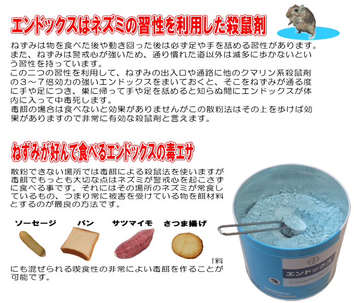 ねずみの修正を利用した殺鼠剤：ねずみは物を食べた後や動き回った後は必ず足や手を舐める習性があります。また、ねずみは警戒心が強いため、通り慣れた道以外は滅多に歩かないという習性を持っています。この二つの習性を利用して、ねずみの出入口や通路に他のクマリン系殺鼠剤の３～７倍効力の強いエンドックスをまいておくと、そこをねずみが通る度に手や足につき、巣に帰って手や足を舐めると知らぬ間にエンドックスが体内に入って中毒死します。毒餌の場合は食べないと効果がありませんがこの散粉法はその上を歩けば効果がありますので非常に有効な殺鼠剤と言えます。ねずみが好んで食べるエンドックスの毒エサ：散粉できない場所では毒餌による殺鼠法を使いますが、毒餌でもっとも大切な点はネズミが警戒心を起こさずに食べる事です。それにはその場所のネズミが常食しているもの、つまり常に被害を受けている物を餌材料とするのが最良の方法です。エンドックス（殺鼠剤）は粉末ですからどんな餌材料にも混ぜられる喫食性の非常によい毒餌を作ることが可能です。