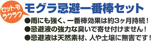 強力な忌避一番液の臭いにモグラは退散！忌避｜雨に強く、一番棒効果は約３ヶ月持続！忌避液の強力な臭いで寄せ付けません！忌避液は天然素材、人や土壌に無害です。｜モグラ忌避一番棒セットの通信販売