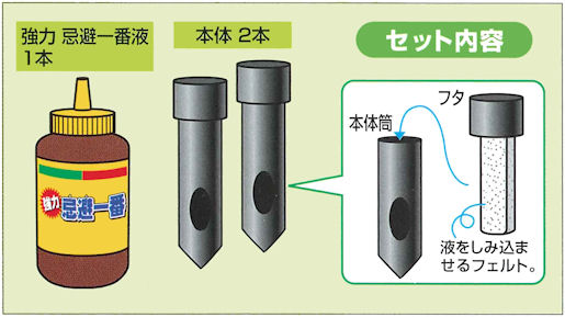 強力な忌避一番液の臭いにモグラは退散！忌避｜雨に強く、一番棒効果は約３ヶ月持続！忌避液の強力な臭いで寄せ付けません！忌避液は天然素材、人や土壌に無害です。｜モグラ忌避一番棒セットの通信販売