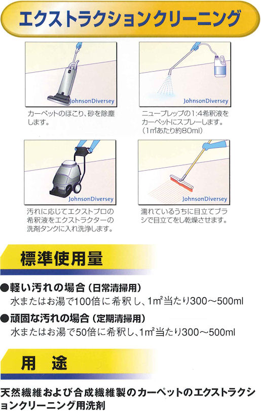 エクストプロの通信販売｜速乾・低起泡性タイプ、業務用エクストラクション専用洗剤・エクストプロの通販｜すぐれた速乾性：乾燥が早くベタつかないので作業時間を短縮できます！抜群の低起泡性・低起泡性の界面活性剤と消泡剤配合により、エクストラクターの汚水タンク内に泡がたたず、最大容量まで汚水を回収でき、作業を効率よく行えます。｜ウールセーフ認定製品：ウールを使用したカーペットにも安心して使用でき、乾燥後のカーペットの風合いを保たせます。｜エクストラクショクリーニングのエクストプロの通信販売