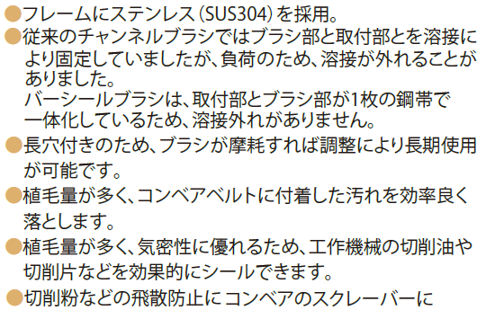 ベルトコンベアーに付着する汚れ落とし、切削物の飛散防止のバーシールブラシの通信販売｜フレームにステンレス（SUS304）を採用。従来のチャンネルブラシではブラシ部と取付部とを溶接により固定していましたが、負荷のため、溶接が外れることがありました。バーシールブラシは、取付部とブラシ部が1枚の鋼帯で一体化しているため、溶接外れがありません。長穴付きのため、ブラシが摩耗すれば調整により長期使用が可能です。●切削粉などの飛散防止に●コンベアのスクレーバーに●植毛量が多く、コンベアベルトに付着した汚れを効率良く落とします。●植毛量が多く、気密性に優れるため、工作機械の切削油や切削片などを効果的にシールできます。風・ガス・臭気などの遮断に！油・水等のあらゆる液体の飛散防止！工作機械・チップ処理コンベアの切削粉の除去！