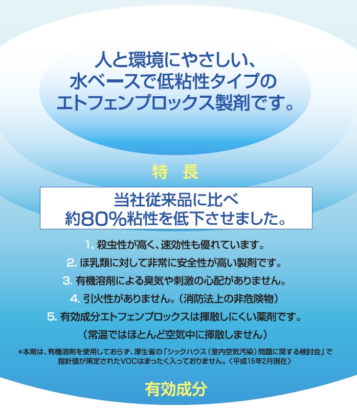 低臭・安全性の高いゴキブリ用液体殺虫剤　業務用・ベルミトール水性乳剤・アクア｜低臭で安全性の高いゴキブリ駆除用液体殺虫剤ベルミトール水性乳剤・アクアの通信販売｜ピレスロイド様の殺虫成分「エトフェンプロックス」を使用したゴキブリ駆除の業務用殺虫剤です。・水で薄めて使用する殺虫剤です。・噴霧器を用いて散布してください。・ハエや蚊成虫、ゴキブリ、ノミ、トコジラミ、イエダニの駆除などにご使用いただけます。・1本（500ml）で、約100m2使用できます。（10倍に希釈した場合）。　（希釈濃度によって使用量は異なります。）食品残渣の多いところに発生しやすいチャバネゴキブリ駆除や、クロゴキブリ、　倉庫や屋根裏に発生したダニ・ノミの駆除にもおすすめです。ゴキブリの駆除効果は、１ヶ月～３ヶ月です。（ただし、薬剤が十分に散布できていないと効果が出にくいことがあります。）水で希釈し、噴霧器を用いてゴキブリ（チャバネゴキブリ）やその他ダニ等の生息場所に散布してください。ベルミトール水性乳剤アクアは、製剤が「水性乳剤」です。有機溶剤は使用しておりません。そのため、溶剤による特有の臭いや刺激の心配はありません。また、引火性の心配もございません。※本剤は有機溶剤を使用しておらず、厚生省の「シックハウス（室内空気汚染）　問題に関する検討会」で指針値が策定されたVOCは全く入っておりません。低臭で安全性の高いゴキブリ駆除用液体殺虫剤ベルミトール水性乳剤・アクアの通信販売