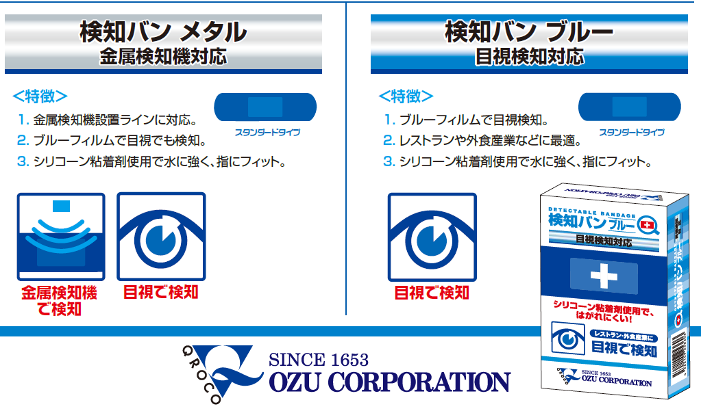 目視で検知出来る絆創膏!食品・医薬品工場用／レストラン・外食産業用救急絆創膏の検知バンブルー、メタルの通信販売／テクノ株式会社