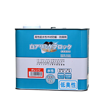 自分で出来るシロアリ駆除！シロアリ防除木部処理用乳剤、防蟻剤・防腐剤の白アリミケブロック：テクノ株式会社、高希釈倍率の木部処理用乳剤です。蒸気圧が極めて低く、揮発しにくいため、居住者に対する安全性が高い。臭気、刺激性がほとんどありません。木材腐朽菌、カビに対する効力が高い。イエシロアリ、ヤマトシロアリ、アメリカカンザイシロアリ等、白蟻全般に有効です。１本で約６６平方メートルの処理が可能です。シロアリの予防、シロアリ駆除に家屋の木部（土台、大引き、根太、柱、間柱など）に噴霧・塗布しましょう。ジノテフラン、白アリミケブロックを水で５０倍に希釈し（水４９：薬剤１）よく混ぜて下さい。木材の表面1平方メートル当たり３００ｍｌを基準とし、刷毛塗りもしくは噴霧器で吹き付けて下さい。（2度塗りが効果的です。）いずれの場合にも、木口、割れ目、接合部、基礎との接触部などに対しては特に念入りに処理して下さい。必要に応じて着色剤を混ぜ合わせて下さい。着色剤は塗った場所の確認用であり、必要のない方は添加しないで下さい。自分で出来るシロアリ駆除！シロアリ防除木部処理用乳剤、防蟻剤・防腐剤の白アリミケブロック