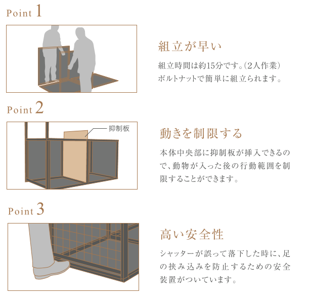 組立、設置、捕獲、すべてがスムーズ！現場での手間を限りなく減らしてくれます！サル、イノシシ、シカの捕獲に！片開NO.601、両開NO.602Etypeの通信販売：テクノ株式会社商品名：EtypeNO.601片開サイズ：W1000×H1000×D2000　フレーム高1500（メッシュサイズ100×100、天・底板のみメッシュサイズ150×150）線材径：φ6,0重量：100kg対象動物：サル、イノシシ、シカ商品名：EtypeNO.602両開サイズ：W1000×H1000×D2000　フレーム高1500（メッシュサイズ100×100、天・底板のみメッシュサイズ150×150） 線材径：φ6,0重量：120kg対象動物：サル、イノシシ、シカ組立、設置、捕獲、すべてがスムーズ！現場での手間を限りなく減らしてくれます！サル、イノシシ、シカの捕獲に！片開NO.601、両開NO.602Etypeの通信販売：テクノ株式会社