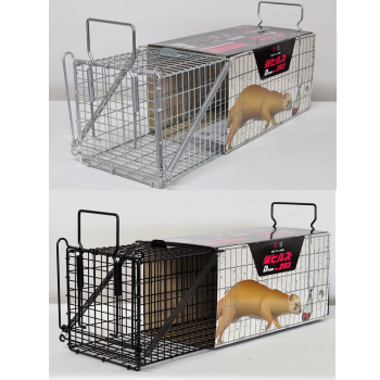 有限会社栄工業｜駆除器シリーズ、捕獲器ジャンボＲＢシリーズ｜ＲＢ－１：ＲＢ６１、ＲＢ－２：ＲＢ６５、ＲＢ－３：ＲＢ７５、ＲＢ－４：ＲＢ９１の通信販売｜後ろ扉から捕獲した動物をスムーズに移動できるようになりました。捕獲した動物が中で暴れても、ロック機能が付いてる為、外れません。従来型よりハンドルの高さを低くした為、狭いスペースにも設置可能。後ろが開く為エサの取付が簡単！イタチ、ノネコ、タヌキ、ハクビシン、アライグマ、キツネの捕獲に最適です。【イタチ捕獲、ノネコ捕獲、タヌキ捕獲、ハクビシン捕獲、アライグマ捕獲、キツネ捕獲】｜ＲＢ６１、ＲＢ６５、ＲＢ７５、ＲＢ９１の通信販売｜動物虐待には絶対使用しないで下さい。
