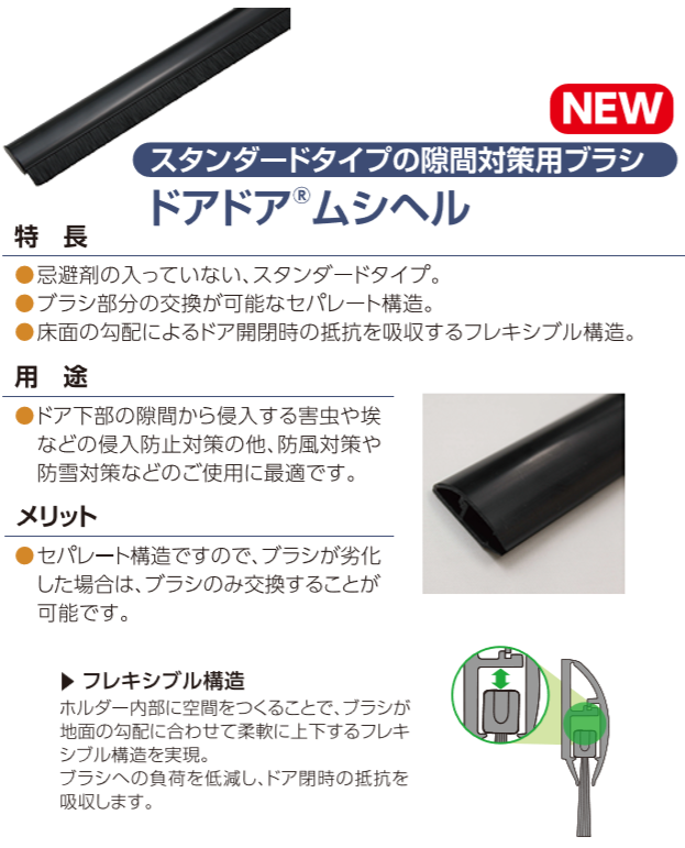 食品工場や製薬工場内の防虫・防塵対策にドア下部隙間対策用ブラシ,ブラシ部分の交換が可能なセパレートタイプで床面の勾配によるドア開閉時の抵抗を吸収するフレキシブル構造！ドアドアムシヘルの通信販売：テクノ株式会社製品名：ドアドアムシヘル品番：DMS-SET長さ：１ｍ 材質：フレーム/PVC、ブラシ材/PP0,2黒 付属品：エンドキャップ、ビス製造元：株式会社バーテック食品工場や製薬工場内の防虫・防塵対策に！ドア下部隙間対策用ブラシ、スタンダードタイプの隙間対策用ブラシ、忌避剤の入ってこないスタンダードタイプ、ブラシ部分の交換が可能なセパレート構造。床面の勾配によるドア開閉時の抵抗を吸収するフレキシブル構造。ドア下部の隙間から侵入する害虫や埃などの侵入防止対策の他、防風対策や防雪対策などのご使用に最適です。食品工場や製薬工場内の防虫・防塵対策にドア下部隙間対策用ブラシ,ブラシ部分の交換が可能なセパレートタイプで床面の勾配によるドア開閉時の抵抗を吸収するフレキシブル構造！ドアドアムシヘルの通信販売：テクノ株式会社