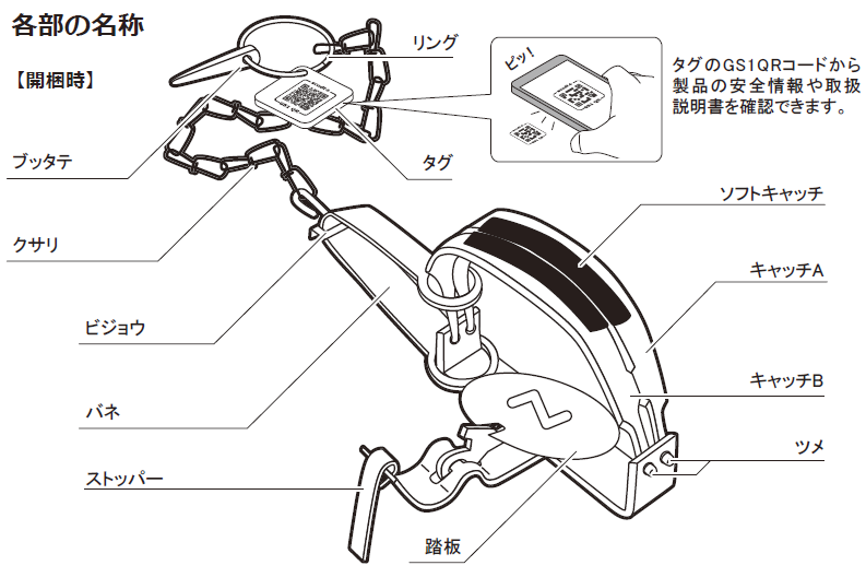 旧トラップ改良型ゴム付きネズミ・イタチ（オス）・ウサギ・タヌキ・ヌ－トリア・ハクビシン・アライグマ・キツネなどの足をバネ仕掛けにより強く挟み捕まえる！とらわな・トラばさみ栄ヒルズCtypeNO.101CtypeNO.201CtypeNO.301CtypeNO.401の通信販売テクノ株式会社製品名：Ｃtype材質：鉄バネ：焼入れ加工製造元：有限会社栄工業ネズミ用　CtypeNO.101１箱（２個入り）イタチオス・ウサギ用　CtypeNO.201１箱（２個入り）タヌキ・ヌートリア用　CtypeNO.301ハクビシン・アライグマ・キツネ用　CtypeNO.401丈夫なバネ寒冷地でもバネが折れないように特殊鋼材（SK材）に焼き入れ加工をし耐久性を増しています。小型で軽量箱罠が設置できない狭い場所や通路などでも設置をすることができます。やさいしいキャッチソフトキャッチ付きで動物の足にかかる衝撃を緩和し抜けにくくします。付属品 《取扱説明書》使用方法、設置方法だけでなく、動物が好むエサや効率良く捕獲するための情報が入っています。《GS1QRタグ》 本体に付いているQRコードを専用のアプリで読み込むと、電子版の取扱説明書を見ることができます。また、製品寿命やリコール情報などもプッシュ通知でスマートフォンに届きます。注意・警告・ご使用になるには、狩猟免許が必要です。「狩猟免許者があること」もしくは無免許の場合でも自分の庭等、一定の囲いのある土地[＝囲繞（いじょう＝かこまれている）のある低宅地]の中に限る。 ・使用期間は各都道府県により異なります。狩猟者登録が必要です。狩猟期各都道府県に問い合わせ下さい。 ・狩猟期間外に対象外動物を捕獲するのは、国や自治体から有害鳥獣駆除などの許可を得ている場合です。・飼い犬・飼い猫などの捕獲はできません。動物愛護法（動物をみだりに虐待する行為の禁止）を遵守し、鳥獣保護及び、狩猟に関する法律を遵守すること。 ・狩猟者の一人一人、自分が野生鳥獣の管理・自然保護の実行者であることを自覚し、社会的責務を果たし、人と野生鳥獣の共存・実現に努力する。 （大日本狩猟会・狩猟読本） ※ 対象外の動物を捕獲した場合、すみやかに放獣して下さい。環境省【野生鳥獣の保護管理】～人と野生鳥獣の適切な構築に向けて～旧トラップ改良型ゴム付きネズミ・イタチ（オス）・ウサギ・タヌキ・ヌ－トリア・ハクビシン・アライグマ・キツネなどの足をバネ仕掛けにより強く挟み捕まえる！とらわな・トラばさみ栄ヒルズCtypeNO.101CtypeNO.201CtypeNO.301CtypeNO.401の通信販売テクノ株式会社