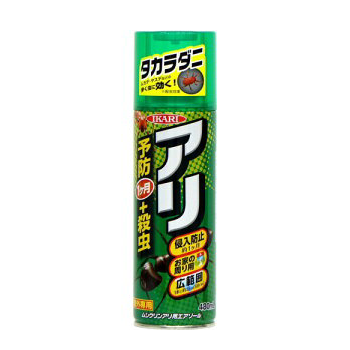 エアゾールでも長時間持続効果！アリの侵入防止家の周りの侵入を防ぎたい場所に噴霧してクロアリ・タカラダニ・ダンゴムシ・ワラジムシ・ゲジ・ヤスデ・ムカデの侵入防止ムシクリンアリ用エアゾール：テクノ株式会社商品名：ムシクリン　アリ用エアゾール容量：480ml有効成分：ビフェントリン 剤形：エアゾール 適用害虫：クロアリ・タカラダニ・ダンゴムシ・ワラジムシ・ゲジ・ヤスデ・ムカデ販売元：イカリ消毒株式会社家の周りの侵入を防ぎたい場所に噴霧して、アリの侵入を約1ケ月防ぎます。家の周りのアリや不快な虫に直接スプレーして、駆除します。アリを吹き飛ばさず、1本で手軽に広範囲の処理が出来ます。【予防処理】アリの通り道に15ｃｍ幅で1ｍ当たり6秒程度噴霧して下さい。家のコンクリート基礎部分など、アリの這い上がりを予防する場合には、1平方メートル当たり40秒程度を均一に噴霧して下さい。【駆除処理】庭や家の周りに生息するアリ・不快害虫に直接噴霧して下さい。エアゾールでも長時間持続効果！アリの侵入防止家の周りの侵入を防ぎたい場所に噴霧してクロアリ・タカラダニ・ダンゴムシ・ワラジムシ・ゲジ・ヤスデ・ムカデの侵入防止ムシクリンアリ用エアゾール：テクノ株式会社