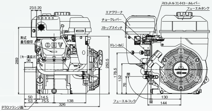 三菱重工！MadeInJapan「日本の心」を込めた「もの作り」三菱メイキエンジンGBシリーズ三菱メイキエンジンGBシリーズの部品販売・パーツリスト・修理・通信販売GB221の通信販売：テクノ株式会社製品名：三菱メイキエンジンGB221総排気量：215cc最大出力：5,1kW（7,0PS）連続定格出力：3,7kW/3600rpm（5,0PS/3600rpm）サイズ：長326×幅366.5×高354mm 燃料タンク容量：3,6L 乾燥重量：17.2kg 出力軸径：φ20mm 製造元：三菱重工エンジンシステム株式会社GBシリーズGB101GB131GB181GB221GB290GB300GB400MadeInJapan日本の心を込めたもの作り三菱メイキエンジンは多くの製品を通して安全で豊かな社会・生活の場作りを支えお客様の信頼に応えていきたいと考えています。エンジンの基本性能はもちろんのこと納期、サービスを含めたトータル品質で高品質なエンジンを提供するために日本生産にこだわり続けたいと考えています。歴史と実績を持つ三菱から実力派GBシリーズの小型機種を刷新。確かな性能でさらに使いやすくお客様のニーズにジャストフィットします。NEWGBシリーズ(一社)日本陸用内燃機関協会排ガス自主規制適合エンジン三菱メイキエンジンは日本陸用内燃機関協会の３次規制に対応(排気量225cc以上は2015年、225cc未満は2016年から)排気に含まれる有害物質、炭化水素(HC)窒素酸化物(NOx)一酸化炭素(CO)の排出を低減しました。基本性能と信頼性をさらに追及、多くのお客様から好評を頂いておりますGBエンジンをリニューアル。より使いやすくなりました。GB101GB130GB180GB220環境規制対応、新GBエンジンシリーズは高い品質管理の下加工された主要部品と高精度気化器部品の採用による燃焼状態の最適化、点火タイミング等の変更と相まって燃焼効率を改善した結果、2016年から施工開始となる国内排ガス自主規制３次(排気量225cc未満)に対応しております。信頼性、主要な部品はMadeInJapan。高精度気化器の採用による燃料流量管理の徹底とともに国内自社工場での最終組立で品質を保証します。また気化器燃料入口直前に燃料フィルタを追加することで異物の侵入防止を図りゴミ等によるトラブルを大幅に低減します。低振動、フライホイール慣性質量の見直し、クランク軸のオーバーバランス率の最適化を図り、エンジン振動をさらに抑えました。低騒音、高剛性ブロックの採用、冷却ファン形状見直しによる風切り音の最小化等、機械音は従来のGBエンジンの低減技術を踏襲しています。気化器（キャブレタ）異物侵入対策としてフィルタを追加。ミラクルスタートでなめらか始動。ご好評のミラクルスタートもオプション設定(GB101GB131GB181GB221)始動用スプリングがエンジン圧縮時のゴツゴツ感を解消。軽くなめらかにリコイルスターターを引くことができます。いままでのように勢いよくリコイルスターターを引く必要はありません。ゼンマイを巻く要領でリコイルスターターをゆっくり引けば始動用スプリングがエンジンを簡単に始動してくれます。ミラクルスタートはリコイルスターター引き力が当社従来機より約30%軽くなります。また従来機の約半分のリコイル引き速度でリコイルロープを引いても始動に十分なエンジン回転数が得られます。そのためリコイルロープをゆっくり引いてもエンジンが容易に始動できます。GB101 GB131 GB181 型式 空冷4ストローク傾斜形横軸OHVガソリンエンジン シリンダ－内径×行程　mm 1-56×40 1-62×42 1-68×50 総排気量　?（cc） 98(98) 126(126) 181(181) 連続定格出力　kW/rpm（PS/rpm） 1,6/3600(2,2/3600) 2,3/3600(3,1/3600) 3,4/3600(4,7/3600) 最大出力　kW（PS） 2,2(3,0) 3,0(4,2) 4,6(6,3) 最大トルク P形N･m/rpm(kgf･m/rpm) L形N･m/rpm(kgf･m/rpm)  5,35(0,55)/3000 7,65(0,78)/2800 11,6(1,18)/2800 10,7(1,09)/1500 15,3(1,56)/1400 23,1(2,36)/1400 回転方向 左(出力軸より見て) 点火方式 無接点マグネット点火 点火プラグ NGK　BP6HS 気化器 フロート、蝶弁、横向き吸込み方式 潤滑方式 強制飛沫式 使用潤滑油 エンジンオイルSE級以上　SAE♯30、寒冷時SAE♯20 潤滑油量　d?(L) 0,4(0,4) 0,5(0,5) 0,55(0,55) エアクリーナー 半湿式ポリウレタンフォーム 調速方式 遠心重錘式 減速方式 P形：直結式　L形：1/2カム軸減速式 使用燃料 自動車用無縁ガソリン 燃料タンク容量　d?(L) 1,6(1,6) 2,5(2,5) 3,6(3,6) 始動方式 リコイルスタータ式(セルスタータ方式：オプション) 乾燥質量　kg 11,0※ 14,0 16,0 機関寸法　mm 長278,5×幅316,5×高303 長297×幅354,5×高330,5 長308,5×幅366,55×高354出力軸径　mm φ15 φ18 φ20  GB221 GB290 GB300 型式 空冷4ストローク傾斜形横軸OHVガソリンエンジン シリンダ－内径×行程　mm 1-72×53 1-80×59 1-80×59 総排気量　?（cc） 215(215) 296(296) 296(296) 連続定格出力　kW/rpm（PS/rpm） 3,7/3600(5,0/3600) 4,4/3600(6,0/3600) 5,5/3600(7,5/3600) 最大出力　kW（PS） 5,1(7,0) 5,8(8,0) 7,3(10,0) 最大トルク P形N･m/rpm(kgf･m/rpm) L形N･m/rpm(kgf･m/rpm)  13,7(1,40)/2800 17,6(1,80)/2800 19,3(1,97)/2800 27,5(2,80)/1400 35,3(3,60)/1400 38,6(3,94)/1400 回転方向 左(出力軸より見て) 点火方式 無接点マグネット点火 点火プラグ NGK　BP6HS 気化器 フロート、蝶弁、横向き吸込み方式 潤滑方式 強制飛沫式 使用潤滑油 エンジンオイルSE級以上　SAE♯30、寒冷時SAE♯20 潤滑油量　d?(L) 0,55(0,55) 1,0(1,0) 1,0(1,0) エアクリーナー 半湿式ポリウレタンフォーム 調速方式 遠心重錘式 減速方式 P形：直結式　L形：1/2カム軸減速式 使用燃料 自動車用無縁ガソリン 燃料タンク容量　d?(L) 3,6(3,6) 6,0(6,0) 6,0(6,0) 始動方式 リコイルスタータ式(セルスタータ方式：オプション) 乾燥質量　kg 17,5 28,4 29,0 機関寸法　mm 長326×幅366,5×高354 長372,5×幅438×高431 長372,5×幅438×高431 出力軸径　mm φ２０ φ２５ φ２５  GB400型式 空冷4ストローク傾斜形横軸OHVガソリンエンジン シリンダ－内径×行程　mm 1-89×63 総排気量　?（cc） 391(391) 連続定格出力　kW/rpm（PS/rpm） 6,6/3600(9,0/3600) 最大出力　kW（PS） 9,5(13,0) 最大トルク P形N･m/rpm(kgf･m/rpm) L形N･m/rpm(kgf･m/rpm)  26,4(2,70)/2800 52,9(5,40)/1400 回転方向 左(出力軸より見て) 点火方式 無接点マグネット点火 点火プラグ NGK　BP6HS 気化器 フロート、蝶弁、横向き吸込み方式 潤滑方式 強制飛沫式 使用潤滑油 エンジンオイルSE級以上　SAE♯30、寒冷時SAE♯20 潤滑油量　d?(L) 1,0(1,0) エアクリーナー 半湿式ポリウレタンフォーム 調速方式 遠心重錘式 減速方式 P形：直結式　L形：1/2カム軸減速式 使用燃料 自動車用無縁ガソリン 燃料タンク容量　d?(L) 7,0(7,0) 始動方式 リコイルスタータ式(セルスタータ方式：オプション) 乾燥質量　kg P形：32,0 L形：36,0 機関寸法　mm P形：長400×幅477×高465 L形：長453,5×幅477×高465 出力軸径　mm  φ25三菱重工！MadeInJapan「日本の心」を込めた「もの作り」三菱メイキエンジンGBシリーズ三菱メイキエンジンGBシリーズの部品販売・パーツリスト・修理・通信販売GB221の通信販売：テクノ株式会社