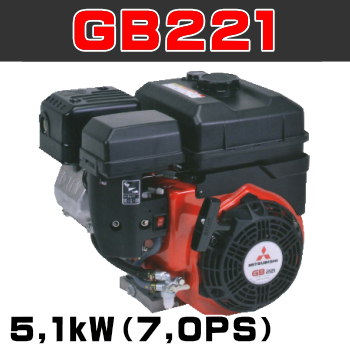 三菱重工！MadeInJapan「日本の心」を込めた「もの作り」三菱メイキエンジンGBシリーズ三菱メイキエンジンGBシリーズの部品販売・パーツリスト・修理・通信販売GB221の通信販売：テクノ株式会社製品名：三菱メイキエンジンGB221総排気量：215cc最大出力：5,1kW（7,0PS）連続定格出力：3,7kW/3600rpm（5,0PS/3600rpm）サイズ：長326×幅366.5×高354mm 燃料タンク容量：3,6L 乾燥重量：17.2kg 出力軸径：φ20mm 製造元：三菱重工エンジンシステム株式会社GBシリーズGB101GB131GB181GB221GB290GB300GB400MadeInJapan日本の心を込めたもの作り三菱メイキエンジンは多くの製品を通して安全で豊かな社会・生活の場作りを支えお客様の信頼に応えていきたいと考えています。エンジンの基本性能はもちろんのこと納期、サービスを含めたトータル品質で高品質なエンジンを提供するために日本生産にこだわり続けたいと考えています。歴史と実績を持つ三菱から実力派GBシリーズの小型機種を刷新。確かな性能でさらに使いやすくお客様のニーズにジャストフィットします。NEWGBシリーズ(一社)日本陸用内燃機関協会排ガス自主規制適合エンジン三菱メイキエンジンは日本陸用内燃機関協会の３次規制に対応(排気量225cc以上は2015年、225cc未満は2016年から)排気に含まれる有害物質、炭化水素(HC)窒素酸化物(NOx)一酸化炭素(CO)の排出を低減しました。基本性能と信頼性をさらに追及、多くのお客様から好評を頂いておりますGBエンジンをリニューアル。より使いやすくなりました。GB101GB130GB180GB220環境規制対応、新GBエンジンシリーズは高い品質管理の下加工された主要部品と高精度気化器部品の採用による燃焼状態の最適化、点火タイミング等の変更と相まって燃焼効率を改善した結果、2016年から施工開始となる国内排ガス自主規制３次(排気量225cc未満)に対応しております。信頼性、主要な部品はMadeInJapan。高精度気化器の採用による燃料流量管理の徹底とともに国内自社工場での最終組立で品質を保証します。また気化器燃料入口直前に燃料フィルタを追加することで異物の侵入防止を図りゴミ等によるトラブルを大幅に低減します。低振動、フライホイール慣性質量の見直し、クランク軸のオーバーバランス率の最適化を図り、エンジン振動をさらに抑えました。低騒音、高剛性ブロックの採用、冷却ファン形状見直しによる風切り音の最小化等、機械音は従来のGBエンジンの低減技術を踏襲しています。気化器（キャブレタ）異物侵入対策としてフィルタを追加。ミラクルスタートでなめらか始動。ご好評のミラクルスタートもオプション設定(GB101GB131GB181GB221)始動用スプリングがエンジン圧縮時のゴツゴツ感を解消。軽くなめらかにリコイルスターターを引くことができます。いままでのように勢いよくリコイルスターターを引く必要はありません。ゼンマイを巻く要領でリコイルスターターをゆっくり引けば始動用スプリングがエンジンを簡単に始動してくれます。ミラクルスタートはリコイルスターター引き力が当社従来機より約30%軽くなります。また従来機の約半分のリコイル引き速度でリコイルロープを引いても始動に十分なエンジン回転数が得られます。そのためリコイルロープをゆっくり引いてもエンジンが容易に始動できます。GB101 GB131 GB181 型式 空冷4ストローク傾斜形横軸OHVガソリンエンジン シリンダ−内径×行程　mm 1-56×40 1-62×42 1-68×50 総排気量　?（cc） 98(98) 126(126) 181(181) 連続定格出力　kW/rpm（PS/rpm） 1,6/3600(2,2/3600) 2,3/3600(3,1/3600) 3,4/3600(4,7/3600) 最大出力　kW（PS） 2,2(3,0) 3,0(4,2) 4,6(6,3) 最大トルク P形N･m/rpm(kgf･m/rpm) L形N･m/rpm(kgf･m/rpm)  5,35(0,55)/3000 7,65(0,78)/2800 11,6(1,18)/2800 10,7(1,09)/1500 15,3(1,56)/1400 23,1(2,36)/1400 回転方向 左(出力軸より見て) 点火方式 無接点マグネット点火 点火プラグ NGK　BP6HS 気化器 フロート、蝶弁、横向き吸込み方式 潤滑方式 強制飛沫式 使用潤滑油 エンジンオイルSE級以上　SAE♯30、寒冷時SAE♯20 潤滑油量　d?(L) 0,4(0,4) 0,5(0,5) 0,55(0,55) エアクリーナー 半湿式ポリウレタンフォーム 調速方式 遠心重錘式 減速方式 P形：直結式　L形：1/2カム軸減速式 使用燃料 自動車用無縁ガソリン 燃料タンク容量　d?(L) 1,6(1,6) 2,5(2,5) 3,6(3,6) 始動方式 リコイルスタータ式(セルスタータ方式：オプション) 乾燥質量　kg 11,0※ 14,0 16,0 機関寸法　mm 長278,5×幅316,5×高303 長297×幅354,5×高330,5 長308,5×幅366,55×高354出力軸径　mm φ15 φ18 φ20  GB221 GB290 GB300 型式 空冷4ストローク傾斜形横軸OHVガソリンエンジン シリンダ−内径×行程　mm 1-72×53 1-80×59 1-80×59 総排気量　?（cc） 215(215) 296(296) 296(296) 連続定格出力　kW/rpm（PS/rpm） 3,7/3600(5,0/3600) 4,4/3600(6,0/3600) 5,5/3600(7,5/3600) 最大出力　kW（PS） 5,1(7,0) 5,8(8,0) 7,3(10,0) 最大トルク P形N･m/rpm(kgf･m/rpm) L形N･m/rpm(kgf･m/rpm)  13,7(1,40)/2800 17,6(1,80)/2800 19,3(1,97)/2800 27,5(2,80)/1400 35,3(3,60)/1400 38,6(3,94)/1400 回転方向 左(出力軸より見て) 点火方式 無接点マグネット点火 点火プラグ NGK　BP6HS 気化器 フロート、蝶弁、横向き吸込み方式 潤滑方式 強制飛沫式 使用潤滑油 エンジンオイルSE級以上　SAE♯30、寒冷時SAE♯20 潤滑油量　d?(L) 0,55(0,55) 1,0(1,0) 1,0(1,0) エアクリーナー 半湿式ポリウレタンフォーム 調速方式 遠心重錘式 減速方式 P形：直結式　L形：1/2カム軸減速式 使用燃料 自動車用無縁ガソリン 燃料タンク容量　d?(L) 3,6(3,6) 6,0(6,0) 6,0(6,0) 始動方式 リコイルスタータ式(セルスタータ方式：オプション) 乾燥質量　kg 17,5 28,4 29,0 機関寸法　mm 長326×幅366,5×高354 長372,5×幅438×高431 長372,5×幅438×高431 出力軸径　mm φ２０ φ２５ φ２５  GB400型式 空冷4ストローク傾斜形横軸OHVガソリンエンジン シリンダ−内径×行程　mm 1-89×63 総排気量　?（cc） 391(391) 連続定格出力　kW/rpm（PS/rpm） 6,6/3600(9,0/3600) 最大出力　kW（PS） 9,5(13,0) 最大トルク P形N･m/rpm(kgf･m/rpm) L形N･m/rpm(kgf･m/rpm)  26,4(2,70)/2800 52,9(5,40)/1400 回転方向 左(出力軸より見て) 点火方式 無接点マグネット点火 点火プラグ NGK　BP6HS 気化器 フロート、蝶弁、横向き吸込み方式 潤滑方式 強制飛沫式 使用潤滑油 エンジンオイルSE級以上　SAE♯30、寒冷時SAE♯20 潤滑油量　d?(L) 1,0(1,0) エアクリーナー 半湿式ポリウレタンフォーム 調速方式 遠心重錘式 減速方式 P形：直結式　L形：1/2カム軸減速式 使用燃料 自動車用無縁ガソリン 燃料タンク容量　d?(L) 7,0(7,0) 始動方式 リコイルスタータ式(セルスタータ方式：オプション) 乾燥質量　kg P形：32,0 L形：36,0 機関寸法　mm P形：長400×幅477×高465 L形：長453,5×幅477×高465 出力軸径　mm  φ25三菱重工！MadeInJapan「日本の心」を込めた「もの作り」三菱メイキエンジンGBシリーズ三菱メイキエンジンGBシリーズの部品販売・パーツリスト・修理・通信販売GB221の通信販売：テクノ株式会社