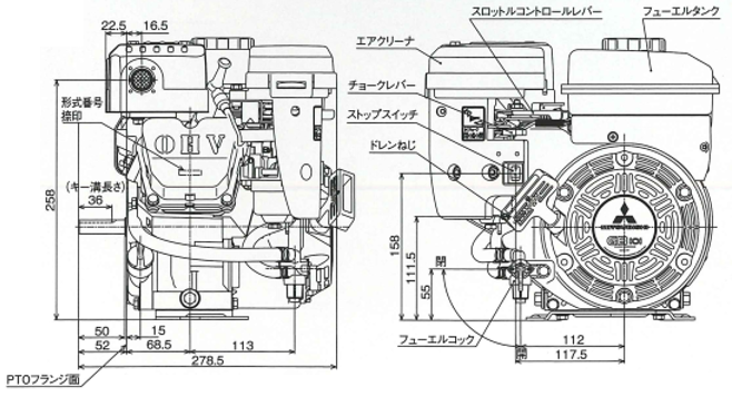 三菱重工！MadeInJapan「日本の心」を込めた「もの作り」三菱メイキエンジンGBシリーズ三菱メイキエンジンGBシリーズの部品販売・パーツリスト・修理・通信販売GB101の通信販売：テクノ株式会社製品名：三菱メイキエンジンGB101総排気量：９８ｃｃ 最大出力：２，２ｋW（３，０PS） 定格出力：１，６ｋW／３６００rpm（２，２PS／３６００rpm）サイズ：長２７８，５×幅３１６，５×高３０３ｍｍ 燃料タンク容量：１，６Ｌ 乾燥重量：１１，０ｋｇ 出力軸径：φ１５ｍｍ 製造元：三菱重工エンジンシステム株式会社GBシリーズGB101GB131GB181GB221GB290GB300GB400MadeInJapan日本の心を込めたもの作り三菱メイキエンジンは多くの製品を通して安全で豊かな社会・生活の場作りを支えお客様の信頼に応えていきたいと考えています。エンジンの基本性能はもちろんのこと納期、サービスを含めたトータル品質で高品質なエンジンを提供するために日本生産にこだわり続けたいと考えています。歴史と実績を持つ三菱から実力派GBシリーズの小型機種を刷新。確かな性能でさらに使いやすくお客様のニーズにジャストフィットします。NEWGBシリーズ(一社)日本陸用内燃機関協会排ガス自主規制適合エンジン三菱メイキエンジンは日本陸用内燃機関協会の３次規制に対応(排気量225cc以上は2015年、225cc未満は2016年から)排気に含まれる有害物質、炭化水素(HC)窒素酸化物(NOx)一酸化炭素(CO)の排出を低減しました。基本性能と信頼性をさらに追及、多くのお客様から好評を頂いておりますGBエンジンをリニューアル。より使いやすくなりました。GB101GB130GB180GB220環境規制対応、新GBエンジンシリーズは高い品質管理の下加工された主要部品と高精度気化器部品の採用による燃焼状態の最適化、点火タイミング等の変更と相まって燃焼効率を改善した結果、2016年から施工開始となる国内排ガス自主規制３次(排気量225cc未満)に対応しております。信頼性、主要な部品はMadeInJapan。高精度気化器の採用による燃料流量管理の徹底とともに国内自社工場での最終組立で品質を保証します。また気化器燃料入口直前に燃料フィルタを追加することで異物の侵入防止を図りゴミ等によるトラブルを大幅に低減します。低振動、フライホイール慣性質量の見直し、クランク軸のオーバーバランス率の最適化を図り、エンジン振動をさらに抑えました。低騒音、高剛性ブロックの採用、冷却ファン形状見直しによる風切り音の最小化等、機械音は従来のGBエンジンの低減技術を踏襲しています。気化器（キャブレタ）異物侵入対策としてフィルタを追加。ミラクルスタートでなめらか始動。ご好評のミラクルスタートもオプション設定(GB101GB131GB181GB221)始動用スプリングがエンジン圧縮時のゴツゴツ感を解消。軽くなめらかにリコイルスターターを引くことができます。いままでのように勢いよくリコイルスターターを引く必要はありません。ゼンマイを巻く要領でリコイルスターターをゆっくり引けば始動用スプリングがエンジンを簡単に始動してくれます。ミラクルスタートはリコイルスターター引き力が当社従来機より約30%軽くなります。また従来機の約半分のリコイル引き速度でリコイルロープを引いても始動に十分なエンジン回転数が得られます。そのためリコイルロープをゆっくり引いてもエンジンが容易に始動できます。GB101 GB131 GB181 型式 空冷4ストローク傾斜形横軸OHVガソリンエンジン シリンダ－内径×行程　mm 1-56×40 1-62×42 1-68×50 総排気量　?（cc） 98(98) 126(126) 181(181) 連続定格出力　kW/rpm（PS/rpm） 1,6/3600(2,2/3600) 2,3/3600(3,1/3600) 3,4/3600(4,7/3600) 最大出力　kW（PS） 2,2(3,0) 3,0(4,2) 4,6(6,3) 最大トルク P形N･m/rpm(kgf･m/rpm) L形N･m/rpm(kgf･m/rpm)  5,35(0,55)/3000 7,65(0,78)/2800 11,6(1,18)/2800 10,7(1,09)/1500 15,3(1,56)/1400 23,1(2,36)/1400 回転方向 左(出力軸より見て) 点火方式 無接点マグネット点火 点火プラグ NGK　BP6HS 気化器 フロート、蝶弁、横向き吸込み方式 潤滑方式 強制飛沫式 使用潤滑油 エンジンオイルSE級以上　SAE♯30、寒冷時SAE♯20 潤滑油量　d?(L) 0,4(0,4) 0,5(0,5) 0,55(0,55) エアクリーナー 半湿式ポリウレタンフォーム 調速方式 遠心重錘式 減速方式 P形：直結式　L形：1/2カム軸減速式 使用燃料 自動車用無縁ガソリン 燃料タンク容量　d?(L) 1,6(1,6) 2,5(2,5) 3,6(3,6) 始動方式 リコイルスタータ式(セルスタータ方式：オプション) 乾燥質量　kg 11,0※ 14,0 16,0 機関寸法　mm 長278,5×幅316,5×高303 長297×幅354,5×高330,5 長308,5×幅366,55×高354出力軸径　mm φ15 φ18 φ20  GB221 GB290 GB300 型式 空冷4ストローク傾斜形横軸OHVガソリンエンジン シリンダ－内径×行程　mm 1-72×53 1-80×59 1-80×59 総排気量　?（cc） 215(215) 296(296) 296(296) 連続定格出力　kW/rpm（PS/rpm） 3,7/3600(5,0/3600) 4,4/3600(6,0/3600) 5,5/3600(7,5/3600) 最大出力　kW（PS） 5,1(7,0) 5,8(8,0) 7,3(10,0) 最大トルク P形N･m/rpm(kgf･m/rpm) L形N･m/rpm(kgf･m/rpm)  13,7(1,40)/2800 17,6(1,80)/2800 19,3(1,97)/2800 27,5(2,80)/1400 35,3(3,60)/1400 38,6(3,94)/1400 回転方向 左(出力軸より見て) 点火方式 無接点マグネット点火 点火プラグ NGK　BP6HS 気化器 フロート、蝶弁、横向き吸込み方式 潤滑方式 強制飛沫式 使用潤滑油 エンジンオイルSE級以上　SAE♯30、寒冷時SAE♯20 潤滑油量　d?(L) 0,55(0,55) 1,0(1,0) 1,0(1,0) エアクリーナー 半湿式ポリウレタンフォーム 調速方式 遠心重錘式 減速方式 P形：直結式　L形：1/2カム軸減速式 使用燃料 自動車用無縁ガソリン 燃料タンク容量　d?(L) 3,6(3,6) 6,0(6,0) 6,0(6,0) 始動方式 リコイルスタータ式(セルスタータ方式：オプション) 乾燥質量　kg 17,5 28,4 29,0 機関寸法　mm 長326×幅366,5×高354 長372,5×幅438×高431 長372,5×幅438×高431 出力軸径　mm φ２０ φ２５ φ２５  GB400型式 空冷4ストローク傾斜形横軸OHVガソリンエンジン シリンダ－内径×行程　mm 1-89×63 総排気量　?（cc） 391(391) 連続定格出力　kW/rpm（PS/rpm） 6,6/3600(9,0/3600) 最大出力　kW（PS） 9,5(13,0) 最大トルク P形N･m/rpm(kgf･m/rpm) L形N･m/rpm(kgf･m/rpm)  26,4(2,70)/2800 52,9(5,40)/1400 回転方向 左(出力軸より見て) 点火方式 無接点マグネット点火 点火プラグ NGK　BP6HS 気化器 フロート、蝶弁、横向き吸込み方式 潤滑方式 強制飛沫式 使用潤滑油 エンジンオイルSE級以上　SAE♯30、寒冷時SAE♯20 潤滑油量　d?(L) 1,0(1,0) エアクリーナー 半湿式ポリウレタンフォーム 調速方式 遠心重錘式 減速方式 P形：直結式　L形：1/2カム軸減速式 使用燃料 自動車用無縁ガソリン 燃料タンク容量　d?(L) 7,0(7,0) 始動方式 リコイルスタータ式(セルスタータ方式：オプション) 乾燥質量　kg P形：32,0 L形：36,0 機関寸法　mm P形：長400×幅477×高465 L形：長453,5×幅477×高465 出力軸径　mm  φ２５ 三菱重工！MadeInJapan「日本の心」を込めた「もの作り」三菱メイキエンジンGBシリーズ三菱メイキエンジンGBシリーズの部品販売・パーツリスト・修理・通信販売GB101の通信販売：テクノ株式会社